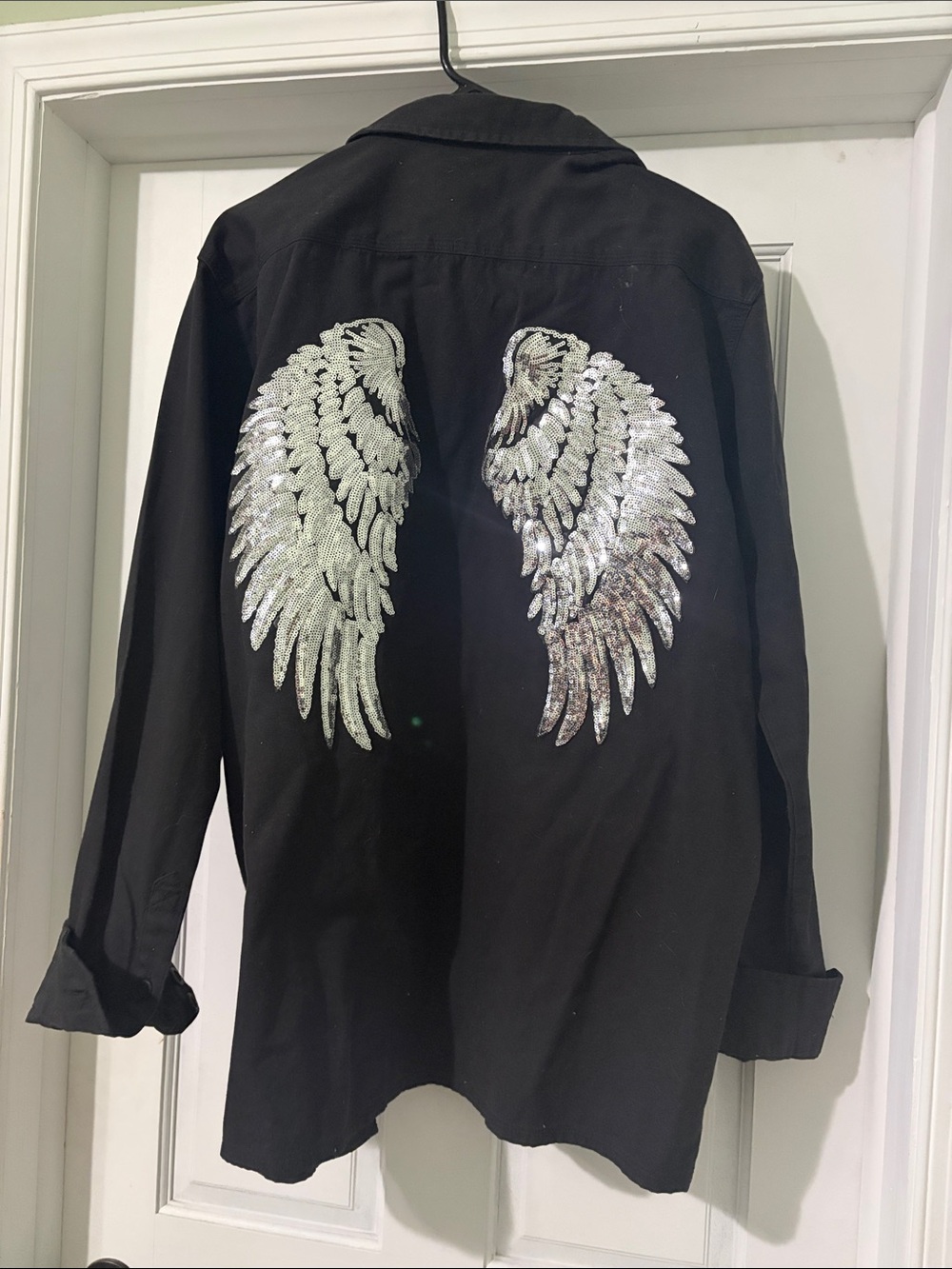 Black Women’s Denim Jacket Shirt with Silver Sequin Wing Design Sz XL